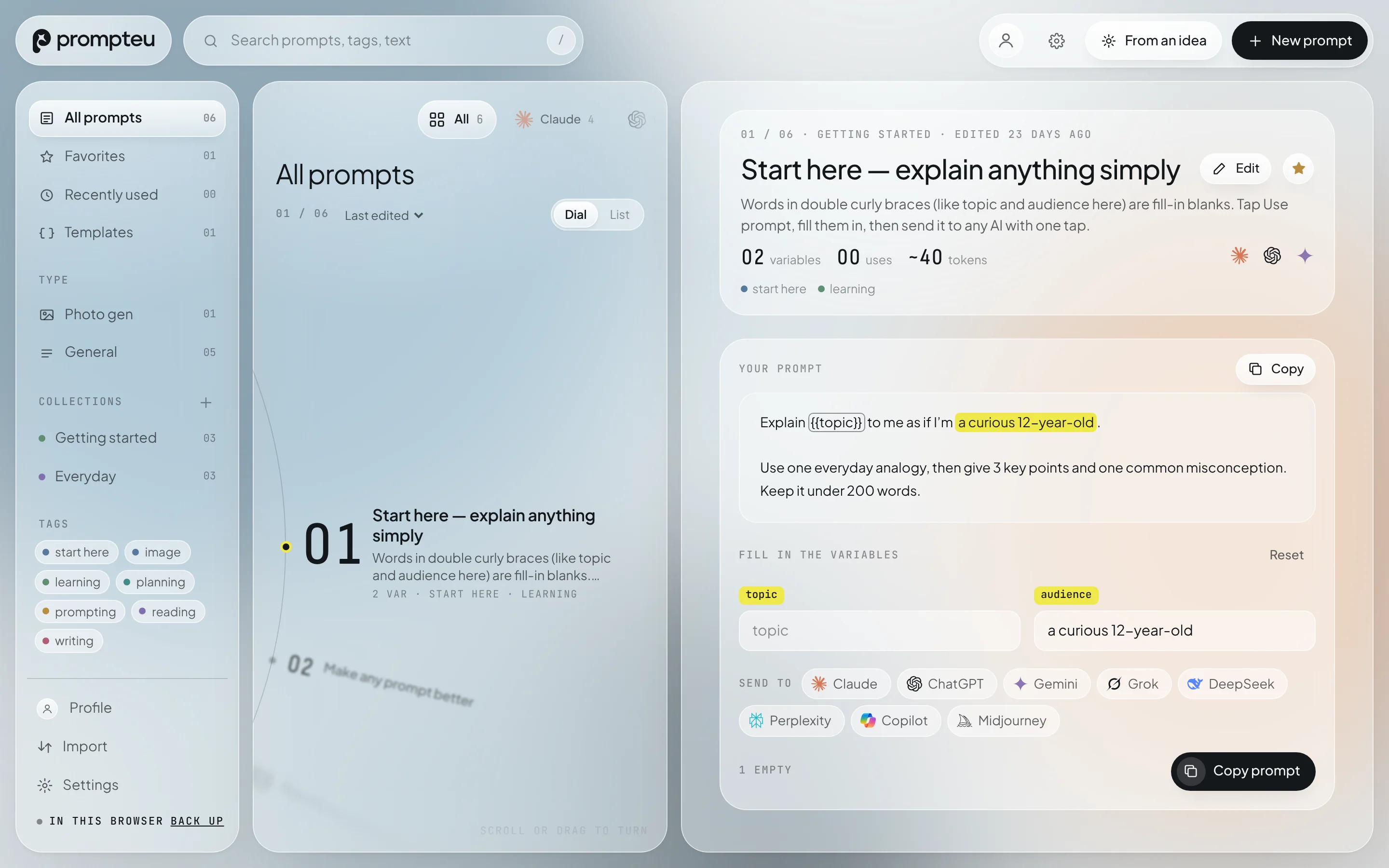 The Prompteu web app: a list of saved prompts on a dial, and an open prompt with its fill-in-the-blank variables highlighted